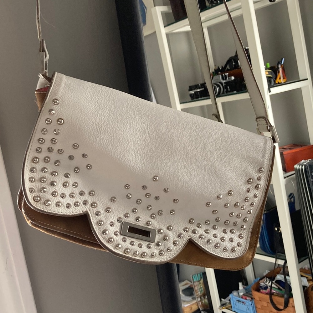 Lancaster Paris white leather and brown suede studded purse